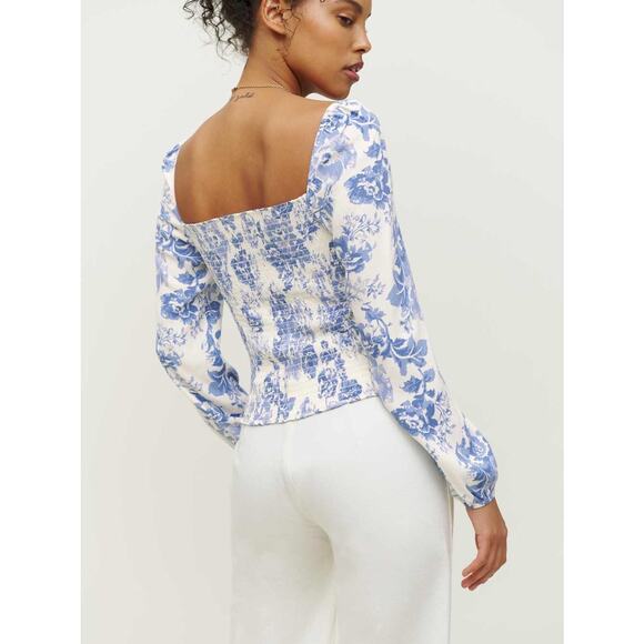 Reformation Blue White Floral Smocked Crop Reign Top Blouse Size 4 Small - Picture 3 of 9